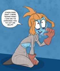 bandages blue_skin breasts erect_nipples fellatio_gesture female_mummy ginger ginger_hair gloves looking_at_viewer melancholy_(the_gaslight_district) mindgasmyt mummy mummy_costume nipples open_clothes orange_hair ponytail red_eyes sidelocks sketch the_gaslight_district tongue tongue_out