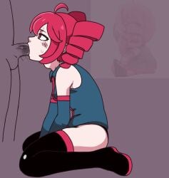 blowjob clothed cum cum_in_mouth kasane_teto lewdthealess red_eyes red_hair sleeveless thighhighs throat_bulge twintails utau
