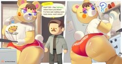 aerth animal_crossing anthro ass bear big_butt biped bottomwear breasts brown_hair clothed clothing cooking dialogue duo eyelashes facial_hair female hair hi_res looking_back male mammal moustache nintendo pupils purple_eyes shirt shorts speech_bubble tammy_(animal_crossing) text thick_thighs topwear white_clothing yellow_body