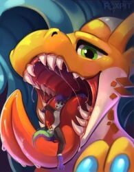 absurd_res animal_genitalia animal_penis anthro aroused balls bodily_fluids canid canine canine_genitalia canine_penis canis claws duo erection extreme_size_difference fluffy foxpit fur genitals green_eyes hi_res horn imminent_vore knot kobold loksy_(foxpit) lying lying_on_tongue male mammal mythological_creature mythological_scalie mythology nude open_mouth penis portrait saliva scalie sheath simple_background size_difference tail teeth tongue tongue_out vore wolf yellow_body