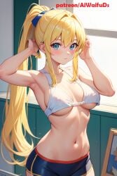 ai_generated aiwaifudesings blonde_hair blue_eyes blue_ribbon blush emily_(aiwaifudesings) female indoors looking_at_viewer medium_breasts ponytail ribbon shy solo solo_female sport_shorts sports_bra window