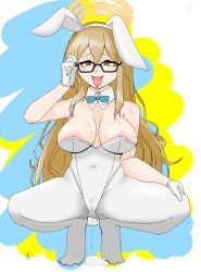 akane_(blue_archive) akane_(bunny)_(blue_archive) animal_ear_hairband animal_ears blonde_hair blue_archive blush breasts brown_eyes fake_animal_ears female glasses hairband halo highres houbou_ura leotard long_hair official_alternate_costume pantyhose playboy_bunny pussy_juice rabbit_ear_hairband rabbit_ears sweatdrop tongue tongue_out white_leotard