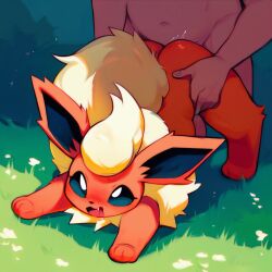 1boy ai_generated ass doggy_style eeveelution female feral flareon hands_on_hips human human_on_feral male open_mouth pokemon pokephilia sex sex_from_behind