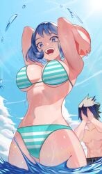 1boy 1girls absurdres alternate_hair_length alternate_hairstyle amajiki_tamaki beach_ball bikini blue_eyes blue_hair blue_sky boku_no_hero_academia breasts cloud female hado_nejire highres kopam large_breasts my_hero_academia navel nejire_hado outdoors sky standing swimsuit thighs uniform wading