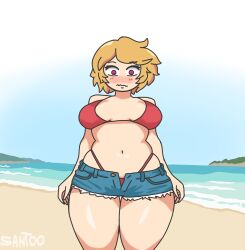 alternate_version_available amateur_artist ann_(fnafhs) ann_chica_(fnafhs) beach blonde_hair chica_(fnafhs) fhs fhsz3r0 fnafhs fnafhs_z3ro fnafhsrule34 fnafhsxxx purple_eyes red_bikini remake remastered santoo115