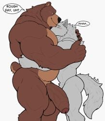 5_fingers absurd_res anthro balls bear bear_tail biceps big_balls big_muscles big_penis blush blush_lines brown_bear brown_body brown_fur canid canine canis claws closed_eyes duo fingers flaccid fluffy fluffy_tail forehead_kiss foreskin fur genitals grey_body grey_fur grizzly_bear half-closed_eyes hi_res hug huge_cock huge_muscles humanoid_genitalia humanoid_penis kissing male male/male mammal musclegut muscular narrowed_eyes nude pecs penis short_tail simple_background size_difference smile speech_bubble tail text ursine white_background wolf xyandrith