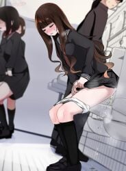 1boy 3girls bent_over embarrassed female female_using_urinal male michinoku_(michino934) peeing peeing_together public_indecency school_uniform standing urinal urinal_use