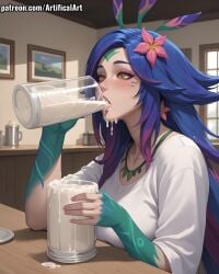 1girls ai_generated artifical_art blue_hair blush body_tattoo cum cum_drinking cum_in_mouth drinking_cum face_markings facial_mark female freckles_on_face league_of_legends light-skinned_female lizard_girl long_tail multicolored_hair neeko open_mouth perfect_body semen short_hair solo tail yellow_eyes