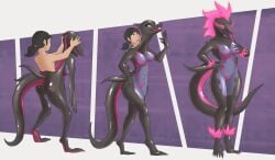 2022 abstract_background absurd_res ambiguous_gender anthro ass biped black_body breast_markings breasts colored countershade_feet countershade_tail countershade_torso countershading deiser digitigrade dsaprox duo featureless_breasts feet female female_anthro front_view gender_transformation generation_7_pokemon genitals glistening glistening_body goo_suit hair hand_on_hip hand_on_own_breast hand_on_own_hip hi_res human_to_anthro long_tongue looking_down_at_self male male_(lore) markings mtf_transformation navel nintendo non-mammal_breasts non-mammal_hair non-mammal_navel non-mammal_pussy nude pink_body pink_countershading pink_hair pink_markings pink_sclera pokemon pokemon_(species) ponytail purple_body purple_countershading pussy rear_view salazzle shaded snout species_transformation standing suit_transformation tail takeover tenebra_(deiser) three-quarter_view tongue transformation transformation_sequence