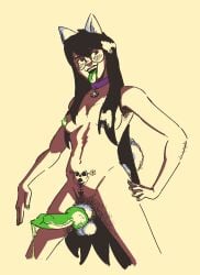 armpit_hair blush canine_penis collar de88a8le_smuts dog_ears dripping_cum futanari glasses green_penis homestuck jade_harley naked pubic_hair pubic_tattoo solo tail tongue_out