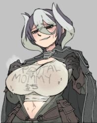 amlogamer big_breasts black_and_white_hair black_eyes bludh breath female female_only fully_clothed hair_between_eyes huge_breasts made_in_abyss mature mature_female meme navel no_bra ozen rental_mommy_shirt shaded_face short_hair smile solo steam sweat t-shirt tight_clothing two_tone_hair upper_body