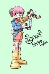absurd_res anthro arch3y bear bottomwear bow_tie clothing clown colored_nails english_text fluffy fluffy_hair green_eyes hair hi_res long_socks magic_trick male mammal nails piercing pink_hair polar_bear polka_dots rubber_boots shorts snoof_the_clown sock_fetish sock_in_mouth solo suit_jacket text ursine
