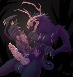 american_mythology amiryth anthro antlers avian balls bird bodily_fluids bone clothing cum digital_drawing_(artwork) digital_media_(artwork) duo erection french_kissing fur genital_fluids genitals hi_res horn indigenous_north_american_mythology kissing knot male male/male mythology north_american_mythology red_eyes size_difference skull skull_head spade_tail tail teeth wendigo