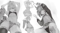 armpit armpits bikini black_and_white buddy_(buddies) bunny_ears bunny_suit bunnygirl collage dripping dripping_pussy lifting_up_shirt maid pointy_bean skirt smug sweaty undressing