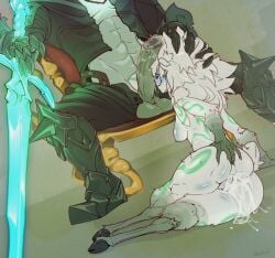 antalauzt armor armored_boots ass_spread big_penis black_sclera blue_nipples blush blush clothed_male clothed_male_nude_female cloven_hooves cock_worship commission commissioner_upload cum cum_in_ass cum_in_pussy cum_inside cum_leaking dick_on_face dick_out furry furry_female gauntlets head_grab human_on_furry kindred lamb_(league_of_legends) lamb_girl league_of_legends maskless muscular_male spreading spreading_ass sword teal_skin viego_(league_of_legends) wet_penis white_fur