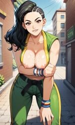 1girls ai_generated biting_lip biting_own_lip black_hair brazilian_female breast_squeeze breasts breasts_out brown_eyes capcom cum_on_breasts female laura_matsuda leaning_forward long_hair looking_at_viewer muscular muscular_female ndsilver059 nipples shaved_side solo solo_female solo_focus street_fighter tagme
