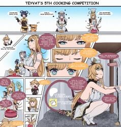 1boy 3girls aether_(genshin_impact) blonde_hair chef comic crouching dialogue escoffier_(genshin_impact) female genshin_impact heart-shaped_pupils hoyoverse imminent_sex lorilarry male mihoyo noelle_(genshin_impact) squatting text under_the_table xiangling_(genshin_impact)