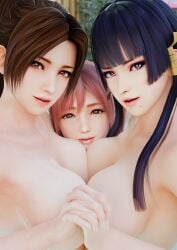2023 3d 3girls akiryo akiyamaryo big_breasts black_hair blender brown_eyes brown_hair brunette brunette_hair dead_or_alive dead_or_alive_5 detailed_background fatal_fury female honoka_(doa) king_of_fighters lips looking_at_viewer mai_shiranui multiple_girls nyotengu pink_hair pressing_breasts purple_eyes smile smiling smiling_at_viewer snk solo solo_female sticker tecmo