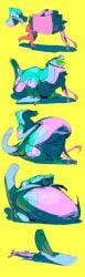2021 80sarchosaur absurd_res anthro belly big_belly cougar dinosaur felid feline genitals group hi_res huge_belly male mammal object_vore overweight penis pink_body prehistoric_species reptile scalie simple_background trio vore yellow_background