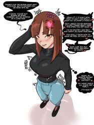 1girls bimbofication blush brown_hair english_text hairclip heart jeans looking_at_viewer pov pov_eye_contact pre-transformation smile solo_female standing text text_bubble the_varking thought_bubble