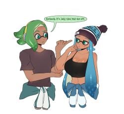 1boy 1girls artist_name beanie blue_hair breasts cleavage english_text green_eyes green_hair inkling inkling_girl large_breasts long_hair navel nintendo r10bon shirt short_hair simple_background splatoon splatoon_3 sweater_around_waist tank_top tentacle_hair white_background