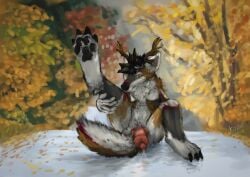 anatomically_correct anatomically_correct_genitalia anatomically_correct_penis animal_genitalia animal_penis anthro blurred_background bodily_fluids canine_genitalia canine_penis claws el_kyze falling_leaves genital_fluids genitals hi_res hybrid jari_(jarithedeer) licking looking_at_viewer male paws penis precum raised_leg road self_lick sitting solo street tail tongue