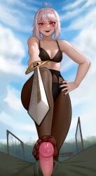 black_nails buddy_(buddies) crazy dominant domination feet fit garter_belt garter_straps kairunoburogu looking_at_viewer military muscular smug sword tights tomboy underwear