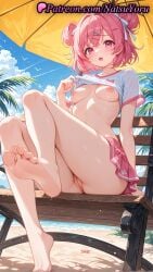 1girls 2025 ai ai_assisted ai_generated anime anime_style bangs barefoot beach breasts clothes_lift doki_doki_literature_club double_bun feet female hair_bun hair_ornament hentai hi_res high_quality high_resolution highres legs looking_at_viewer natsuki_(doki_doki_literature_club) natsuyoru nipples open_mouth outdoors patreon pink_eyes pink_hair pink_skirt pussy shirt shirt_lift short_sleeves sitting skirt soles solo stable_diffusion toes umbrella vagina voluptuous voluptuous_female wet white_shirt