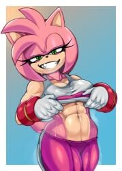 1girls abs amy_rose anthro female female_only kappa_spark looking_at_viewer musk musk_clouds png shirt_lift smile smug solo sonic_(series) sonic_the_hedgehog_(series) sweat sweatdrop sweaty_body thick_thighs toned toned_female wide_hips
