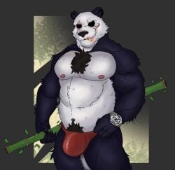 anthro bamboo bamboo_stick bear beastars body_hair chest_hair chest_tuft cigarette cigarette_in_mouth clock clothing eye_scar facial_scar fluffy fluffy_tail giant_panda gouhin_(beastars) happy_trail hi_res male mammal muscular muscular_anthro nipples object_in_mouth rolex scar scarredbeard smoking solo speedo swimwear tail tuft watch wristwatch