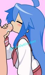 1boy 1girl1boy 1girls blowjob closed_eyes cute fellatio fellatio_gesture flat_chest hand_on_penis handjob konata_izumi liliaoutcontext lucky_star penis roblox saliva saliva_trail school_uniform watermark