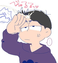 ... 1boy adjusting_hair anger_vein black_hair blush cum eyebrows facial hoodie jitome male_only matsuno_ichimatsu osomatsu-kun osomatsu-san salute short_hair simple_background solo spoken_ellipsis tagme upper_body white_background yaoi