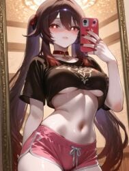 1girls ai_generated bangs female female_focus female_only genshin_impact hu_tao_(genshin_impact) light-skinned_female lips long_hair looking_at_mirror looking_at_viewer mirror photo skinny_girl taking_selfie