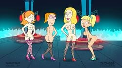 4girls accurate_art_style annie_(rick_and_morty) ass beth_smith blonde_pubic_hair blunt_bangs cleft_of_venus dream_summer eyeshadow female_only fishnet_legwear fishnet_stockings full_body green_heels high_heels high_heels_only high_ponytail innie_pussy jessica_(rick_and_morty) medium_breasts medium_hair milf mother_and_daughter multiple_girls orange_hair orange_pubic_hair pink_heels pubic_hair pumps pussy red_heels rick_and_morty smile standing summer_smith vagina vaultman