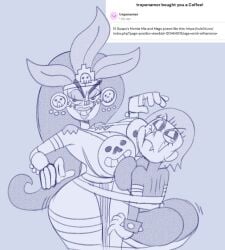 2girls annoyed_expression annoyed_face annoyed_pred big_breasts big_butt bondage breast_squish dhampir el_guapo_vs_the_narco_vampires headress huge_ass huge_breasts larger_breasts larger_butt latex_bodysuit looking_at_viewer mags_(el_guapo_vs_the_narco_vampires) momia_mia mummy_bandages mummy_girl mummy_wrappings oerba_yun_fang pulpdirector skull_bra skull_earrings smug_grin thick_ass thick_thighs vampire vampire_girl wide_hips