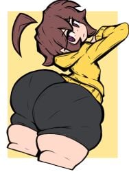 1girls ahoge ass big_ass bike_shorts brown_hair female flat_colors linne looking_back notsawl solo thick_thighs under_night_in-birth