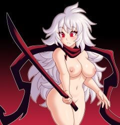 1girls anima_cal_livs black_background breasts chemical_bro convenient_censoring eve_(anima_cal_livs) female gradient_background long_hair naked_scarf nipples nude red_background red_eyes scarf solo sword very_long_hair weapon white_hair