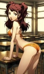 ai_generated arched_back ass back_view bent_over bikini brown_hair classroom kujikawa_rise persona persona_4 petite skinny twintails