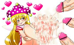 :p bar_censor barefoot blonde_hair censored clownpiece cum cum_on_body cum_on_feet cum_on_lower_body cum_string ejaculation erection feet female foot_fetish heart holding_legs jester_cap legs_up long_hair madou naughty_face penis pov_feet soles toes tongue tongue_out touhou wings