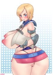 1girls areolae ashelia_b'nargin_dalmasca ass between_labia blonde_hair blue_eyes blush breasts breasts_out butt_crack deeezel female final_fantasy final_fantasy_xii fisticuffs_club from_behind g-string huge_ass huge_breasts looking_at_viewer looking_back microskirt nipples patrick_hateman plump puffy_nipples short_hair skirt solo thick_thighs thong wide_hips