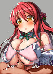 1boy belko blush bow breast_squeeze breasts censored female flower flower_knight_girl geranium_(flower_knight_girl) gloves green_bow grey_background hair_flower hair_ornament large_breasts long_hair motion_lines paizuri penis red_hair shaun_(fallenicons) solo_focus upper_body veins veiny_penis white_gloves yellow_eyes