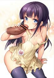 1boy 1girls ajishio apron areolae ass bar_censor black_hair black_legwear blue_eyes blush breasts censored collarbone dark-skinned_male erection eyebrows_visible_through_hair fellatio female human long_hair male naked_apron no_nipples oral penis penis_kiss skindentation small_breasts solo_focus strap_slip thighhighs veiny veiny_penis working!! yamada_aoi