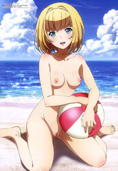 absurdres areolae barefoot beach beach_ball blonde_hair blue_eyes blush breasts cloud collarbone feet female heavy_object looking_at_viewer milinda_brantini nipples ocean open_mouth pussy short_hair small_breasts smile toes uncensored