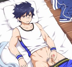 1boy bandaid bandaid_on_nose bar_censor bed blue_eyes blue_hair erection idolmaster idolmaster_side-m male_only masturbation oto_hu02 pants_down penis plaster pubic_hair solo taiga_takeru wristband