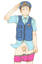 1boy badge blush boxer_briefs caught color colored embarrassed flaccid looking_at_viewer male male_only pants_down penis pink_underwear police police_uniform pubic_hair salute simple_background solo solo_male torte_(triggerhappy) underwear underwear_down uniform vest