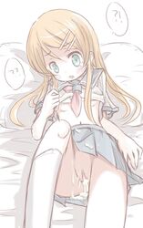 ? after_sex bangs blonde_hair blue_skirt breasts cum cum_in_pussy cum_on_clothes female green_eyes hairclip highres kneehighs kousaka_kirino long_hair midriff navel no_panties on_bed ore_no_imouto_ga_konna_ni_kawaii_wake_ga_nai parted_bangs pleated_skirt pussy qt_project school_uniform serafuku shirt_lift simple_background skirt small_breasts solo white_background white_legwear