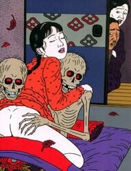 1boy 2girls age_difference ass ass_grab bones braid closed_eyes cowgirl_position fine_art flat_chest japanese_clothes leaf monster multiple_boys multiple_girls pajamas shunga skeleton straight_hair tied_hair toshio_saeki watching zombie