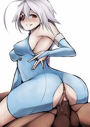 1boy ahoge anus arc_system_works ass ass_cutout bare_shoulders blazblue bodysuit breasts bridal_gauntlets censored clothed_female_nude_male eye_patch female from_behind grin long_hair looking_at_viewer nu-13 penetration penis red_eyes sex sideboob silver_hair single_braid smile snm_(sunimi) sweat torn_clothes vaginal_penetration very_long_hair