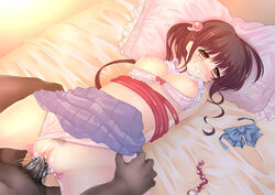 anal_beads arms_behind_back bra breasts brown_hair clenched_teeth clothed_sex female forced lying male missionary_position nipples on_back panties penetration pubic_hair rape restrained ribbon sex shiori_(moechin) skirt straight tears uncensored vaginal_penetration