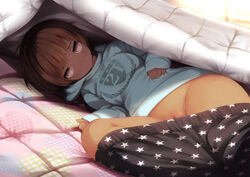 1girls :> akagi_asahito bed blanket blush brown_hair female looking_at_viewer lying naughty_face no_panties on_side original pajamas pants pants_down pink_eyes pussy pussy_peek shadow short_hair smile solo star_print sweater tan_skin tongue uncensored